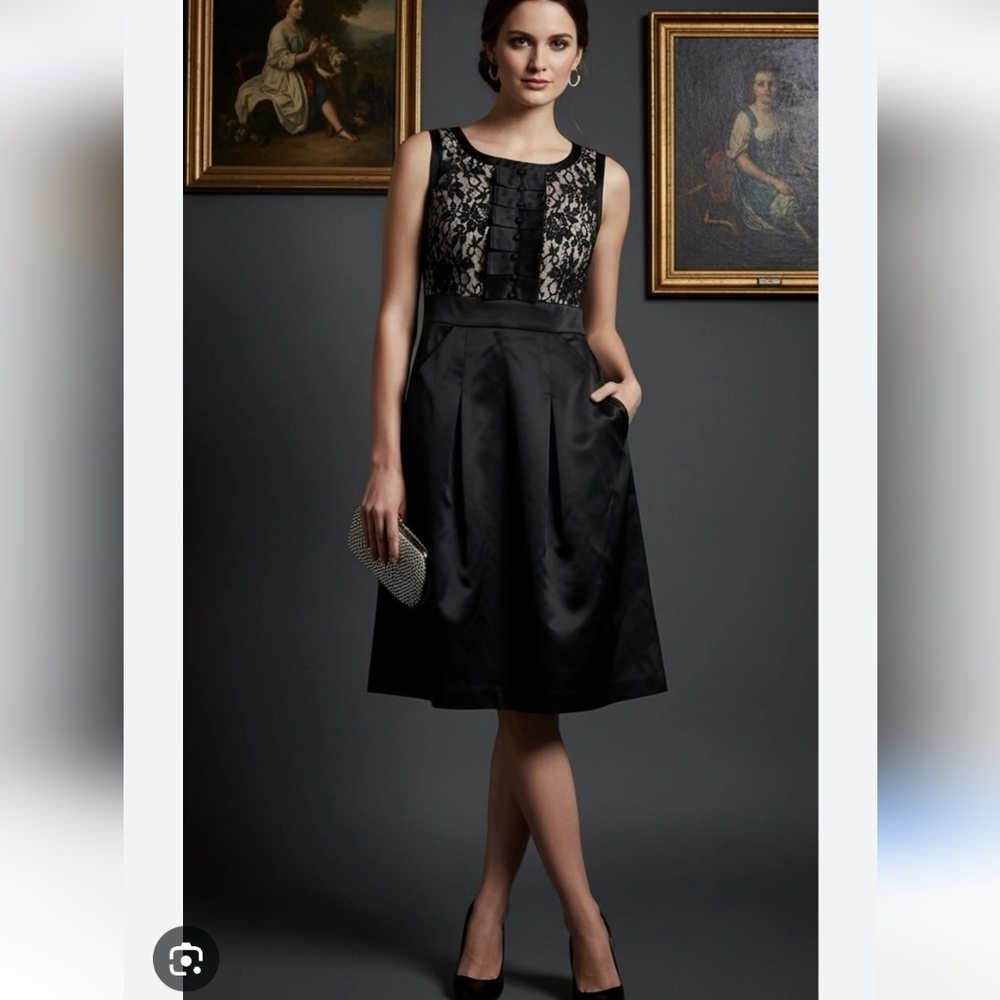Black Lace Bodice Fit-and-Flare Midi tuxedo-style Satin dress.pit To 18" - Picture 1 of 6